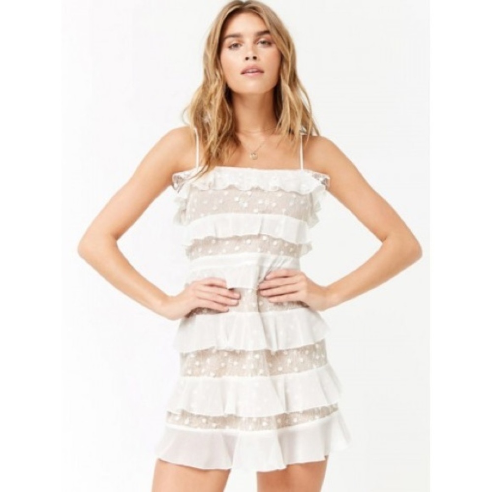 FOREVER21 White Ruffle & Lace Dress